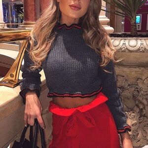 Rebellious Fashion Gray and Red Knit Crop Top